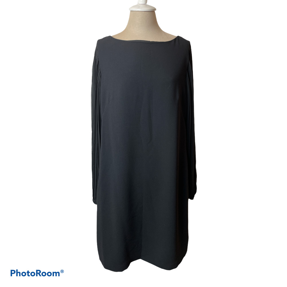 WHBM Long Pleated Sheer Sleeve Black Dress Size 14